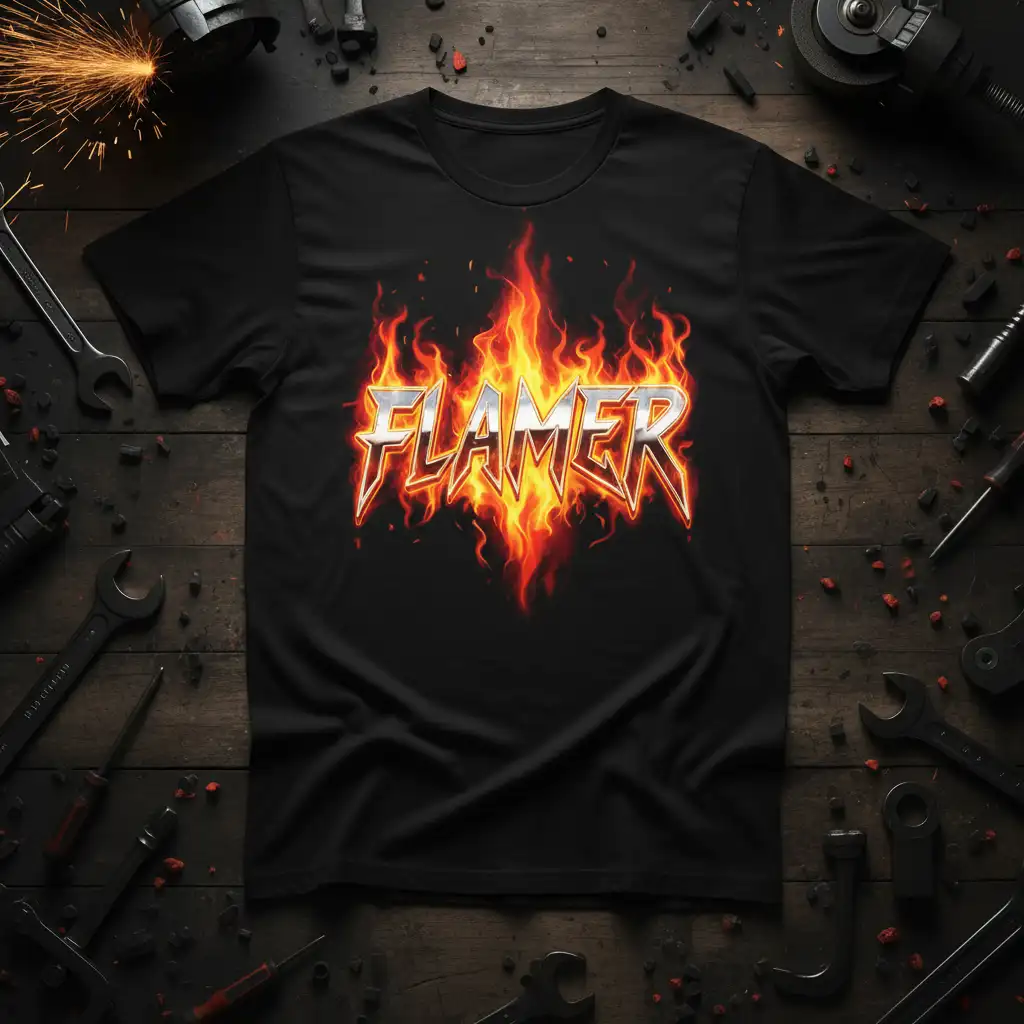 Flamer text in metallic font engulfed in bright orange and yellow fire flames graphic