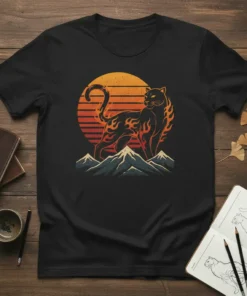 Flaming Cat Mountains Sunset stylish graphic design printed on comfortable cotton t-shirt