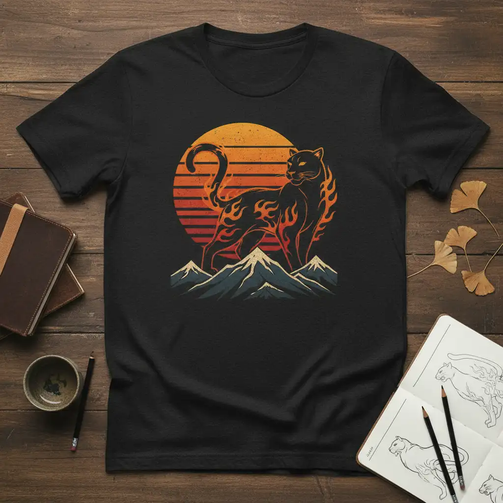 Flaming Cat Mountains Sunset creative illustration printed on breathable fabric creating a standout t-shirt