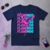 Flamingo Go design on a navy blue t-shirt featuring a pink flamingo and glitchy text
