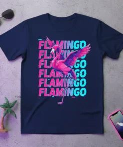 Flamingo Go design on a navy blue t-shirt featuring a pink flamingo and glitchy text