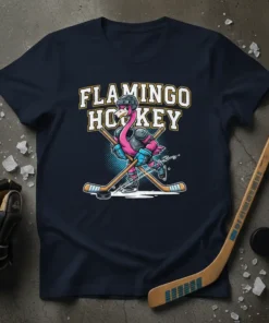 Flamingo Hockey T-Shirt design with text "Flamingo Hockey" and a cartoon flamingo playing ice hockey