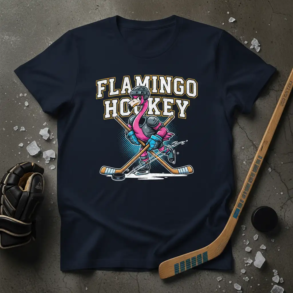 Flamingo Hockey design with cartoon flamingo in full hockey gear on ice skates