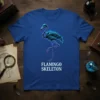 Flamingo Skeleton T-Shirt with a neon blue and purple skeleton flamingo graphic and white text
