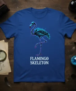 Flamingo Skeleton T-Shirt with a neon blue and purple skeleton flamingo graphic and white text