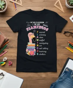 Teacher t-shirt with the text "A+B IN THIS CLASSROOM WE ARE FLAMINGOS" and an acronym defining teacher traits, featuring a