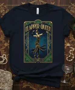 Flapper Queen t-shirt featuring a vintage art deco dancer in a gold and green frame, 1920s style