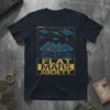 Flat Mars Society t-shirt design with text and retro-futuristic space graphic, featuring UFOs and a flat landscape