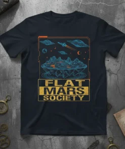 Flat Mars Society t-shirt design with text and retro-futuristic space graphic, featuring UFOs and a flat landscape