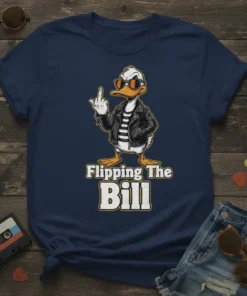 Flipping The Bill t-shirt with a cartoon duck wearing sunglasses and a leather jacket, giving the middle finger