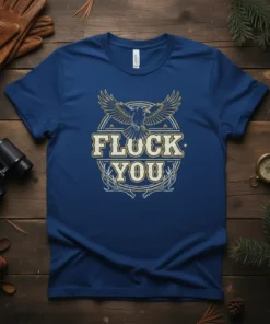 Flock You text with a raven and antlers graphic on a navy blue t-shirt, perfect for bird watching enthusiasts