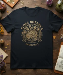 Flora Botanica Naturectiot's vintage floral design on a dark t-shirt, featuring detailed botanical illustrations and gold text