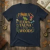 Flora Flora Fauna Of The Woods t-shirt with vintage botanical illustrations of butterflies, frogs, bees, and mushrooms