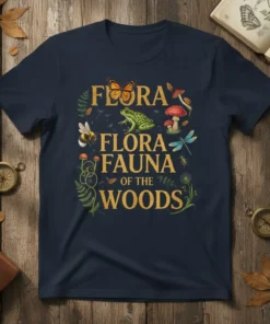 Flora Flora Fauna Of The Woods t-shirt with vintage botanical illustrations of butterflies, frogs, bees, and mushrooms