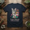 Floral Whiskers & Feline Charm t-shirt design featuring a cute kitten among colorful flowers