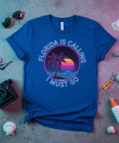 Florida Is Calling I Must Go retro design t-shirt with a palm tree and sunset graphic