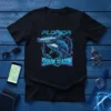 Florida Shark Season T-Shirt featuring a robotic hammerhead shark and neon geometric design