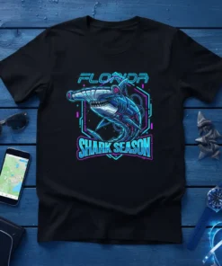 Florida Shark Season T-Shirt featuring a robotic hammerhead shark and neon geometric design