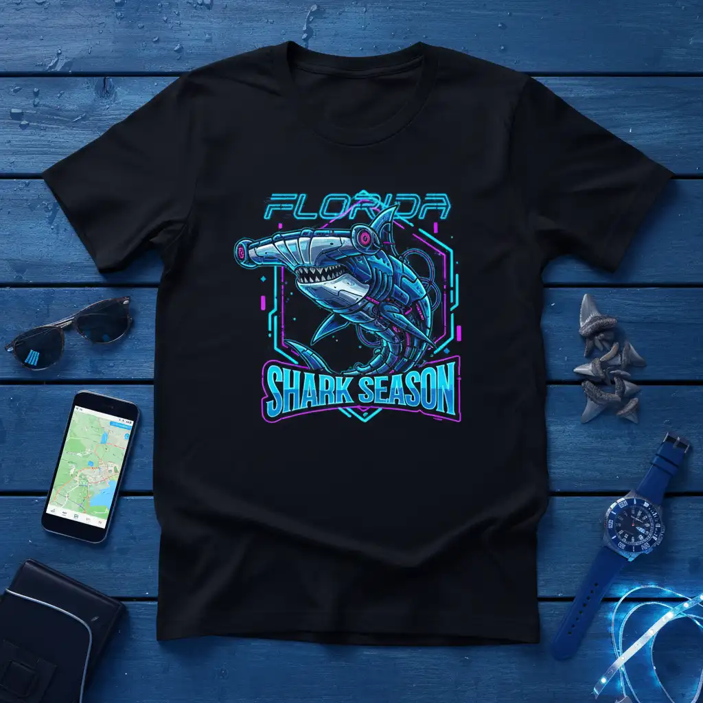 Robotic hammerhead shark with Florida Shark Season text in neon design on black t-shirt