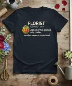 Florist definition t-shirt with flowers; says "Florist Like a normal person, only cooler. see also: awesome, exceptional"