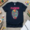 Navy t-shirt featuring a stained-glass style hockey goalie mask with the word FLOWER above it and the number 29