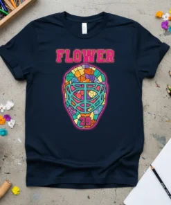 Navy t-shirt featuring a stained-glass style hockey goalie mask with the word FLOWER above it and the number 29