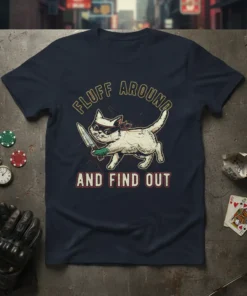 Fluff Around And Find Out text with a cartoon cat holding a knife, navy blue t-shirt design