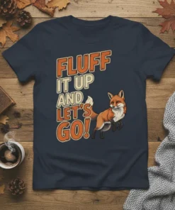 Fluff It Up And Let's Go! text with a jumping fox graphic on a navy t-shirt