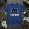 Fluff Off! funny cat quote t-shirt with a black cat graphic and bright blue eyes