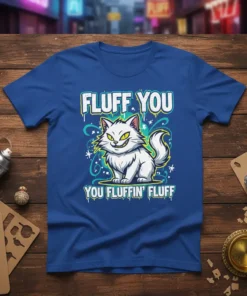 Fluff You You Fluffin' Fluff T-Shirt with a white grumpy cat design and bold text