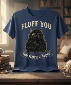 Fluff You You Fluffin' Fluff funny cat t-shirt with a grumpy black cat wearing a monocle