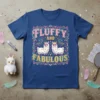 Fluffy and Fabulous text with two crowned llamas graphic on a navy blue t-shirt
