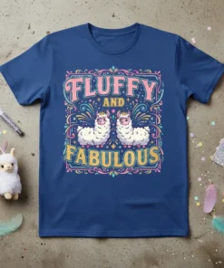 Fluffy and Fabulous text with two crowned llamas graphic on a navy blue t-shirt