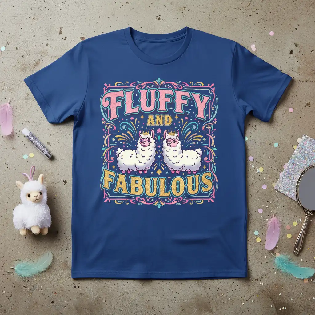 Fluffy and Fabulous text with two crowned llamas graphic on a navy blue t-shirt design