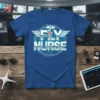 FLY NURSE design on a royal blue t-shirt with wings, caduceus, and circuit board graphic, ideal for flight nurses