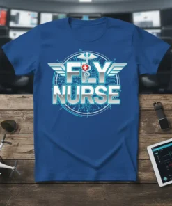 FLY NURSE design on a royal blue t-shirt with wings, caduceus, and circuit board graphic, ideal for flight nurses