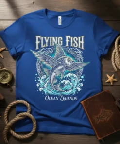 Flying Fish Ocean Legends t-shirt design featuring a detailed flying fish illustration with waves and Celtic knotwork