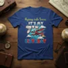 Blue t-shirt with "Flying into Seven IT'S MY 9TH BIRTHDAY" text and a red biplane graphic, perfect for a 9th