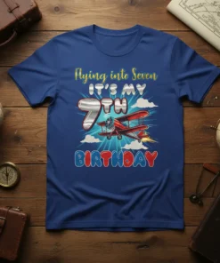 Blue t-shirt with "Flying into Seven IT'S MY 9TH BIRTHDAY" text and a red biplane graphic, perfect for a 9th