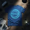 Blue t-shirt with a glowing blue circular futuristic graphic and the word FOCUS in the center
