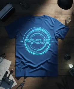 Blue t-shirt with a glowing blue circular futuristic graphic and the word FOCUS in the center