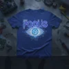Blue t-shirt with "FOCUS" text above a detailed cybernetic eye with circuit board lines, representing technology and concentration