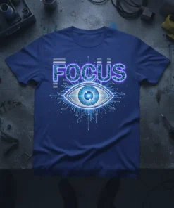 Blue t-shirt with "FOCUS" text above a detailed cybernetic eye with circuit board lines, representing technology and concentration