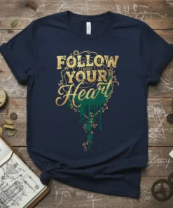 Follow Your Heart quote t-shirt with gold glitter text and green dripping design accents