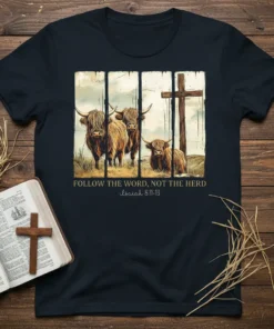 Christian t-shirt with "Follow The Word, Not The Herd" text and Highland cows beside a cross, referencing Isaiah 8:11-13