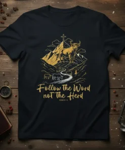 Follow The Word not The Herd Christian t-shirt with a golden bull on a mountain and a cross