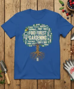 Food Forest Gardening word cloud design shaped like a tree with roots, featuring various gardening terms like flowers, fruit trees