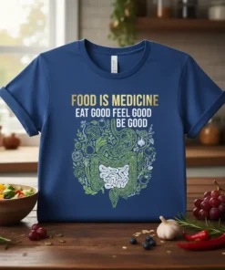Blue t-shirt with "FOOD IS MEDICINE EAT GOOD FEEL GOOD BE GOOD" text and a graphic of the digestive system