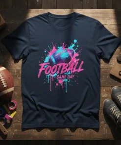 FOOTBALL GAME DAY text with a stylized football and pink and blue splatter design on a navy t-shirt