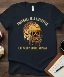 Football is a lifestyle eat sleep score repeat text and helmet graphic on a navy t-shirt